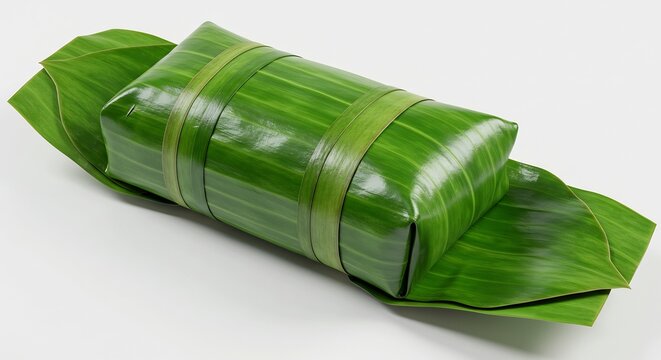 南国の温かい気候と豊かな自然の恵みを感じさせる伝統的なアジアの蒸し餅菓子が光沢ある瑞々しいバナナの葉で丹念に包まれ素朴ながらも美しい姿を披露. AI Generated