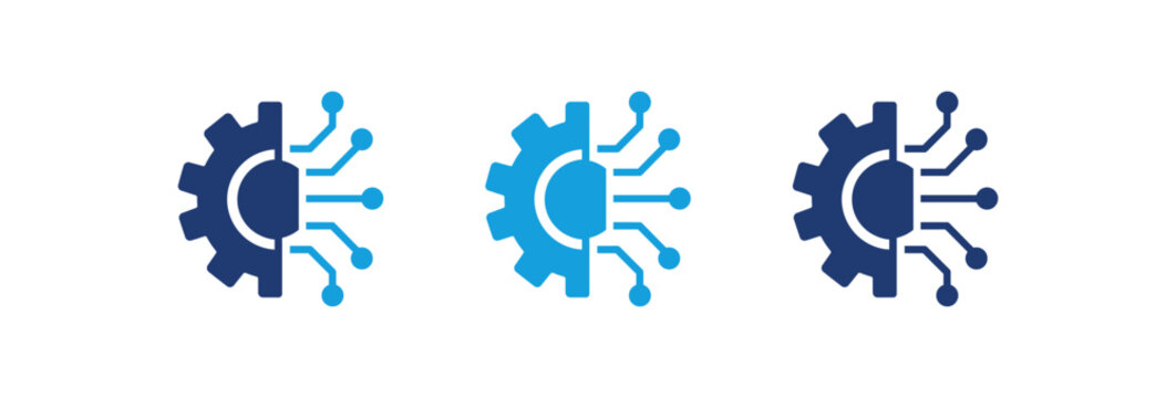 Abstract technology logo set featuring gear and circuit board elements in blue colors.