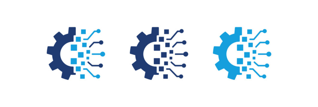 Digital technology gear logo set with circuit board elements and pixelated data patterns.