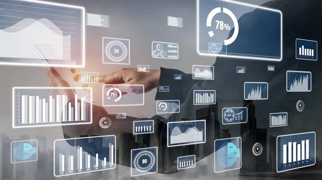 A futuristic business scene featuring a digital interface overlay with graphs and performance metrics, symbolizing data-driven decision making in a corporate environment. Xenic