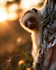 Fototapeta premium Diademed sifaka lemur clinging to a tree trunk in a golden sunlit forest, featuring its plush glowing fur and curious expression for wildlife