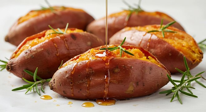 柔らかな光が降り注ぐ温かい空間で焼きたてほくほくの黄金色に輝く甘い焼き芋に蜜がとろりと滴りローズマリーが香る至福のデザート. AI Generated