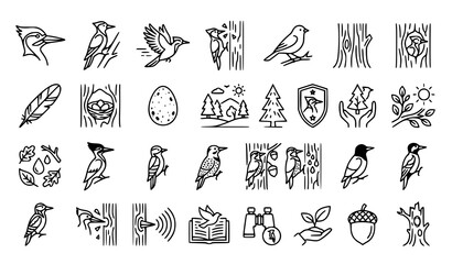 Fototapeta premium Woodpecker and Forest Bird Icon Collection with Tree Trunk Wildlife Woodland and Nature Symbols Editable Vector Set