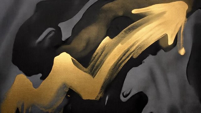 Golden paintbrush stroke motion footage creating a vivid abstract design on dark textured artistic canvas surface