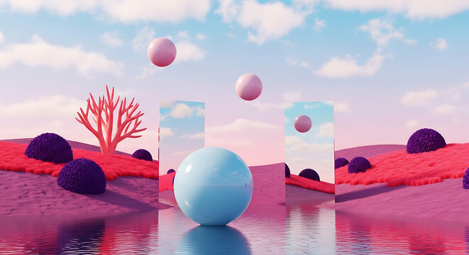 Surreal 3D landscape with floating spheres and mirror reflections landscape abstract reflection dreamscape minimalist geometric composition floating environment creative conceptual