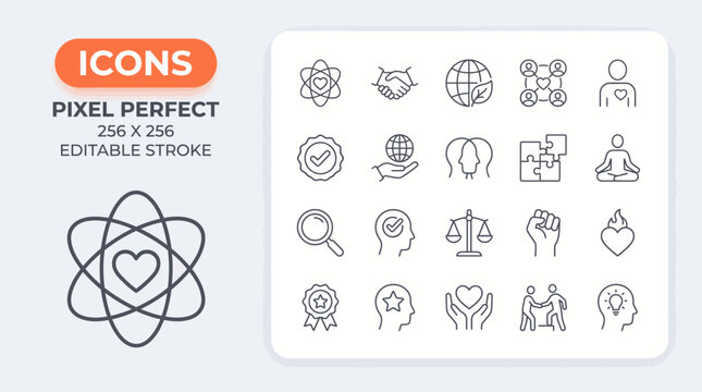 Pixel-perfect editable science and technology line icon set for UI design; 256x256 icons with crisp outlines and modern minimal style