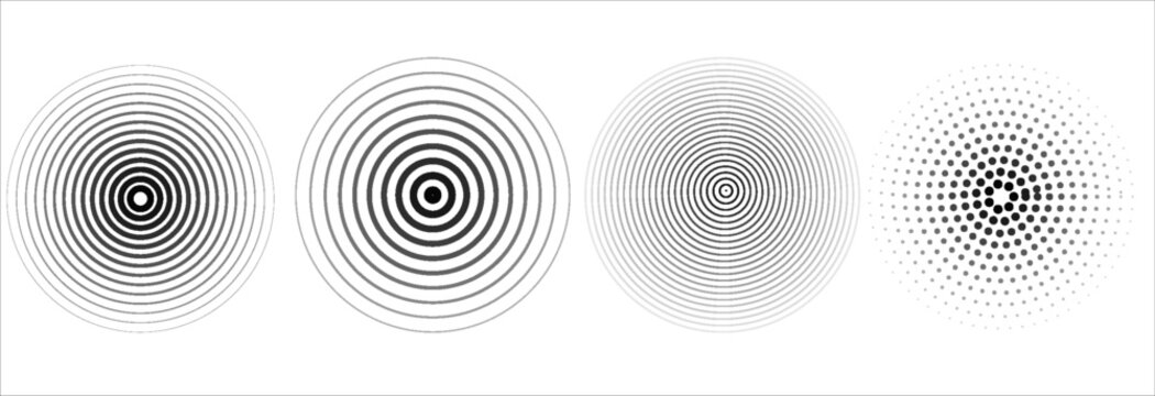 Black concentric circle set. Sonar or sound wave ring collection. Dotted and linear epicentre, target, radar icon concept. Ripple radial signal or vibration elements. Vector line and halftone symbols