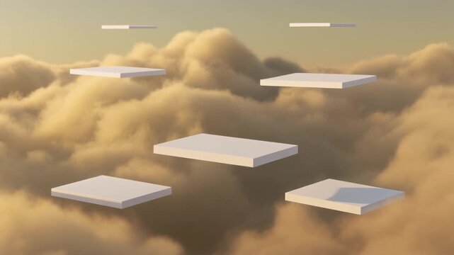 Floating white platforms hovering above golden sunset clouds in this surreal 3d motion video footage animation