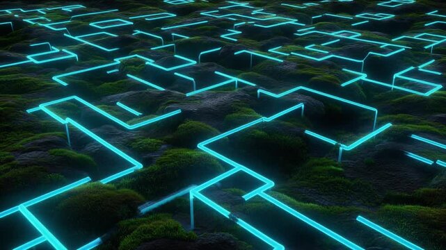 Glowing blue neon lines forming a geometric digital maze over organic mossy ground motion footage