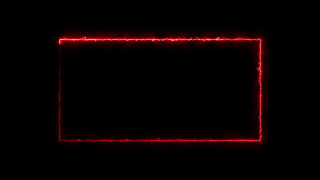 Electric red square frame with energy glow and motion on black background.