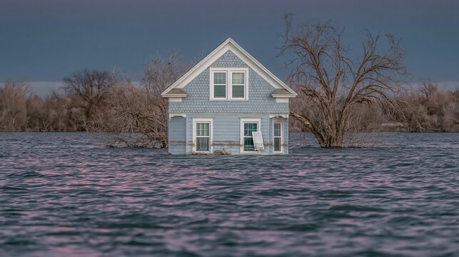 Blue wooden house half submerged in flood water with bare winter trees and sunset reflections for natural disaster and climate change awareness