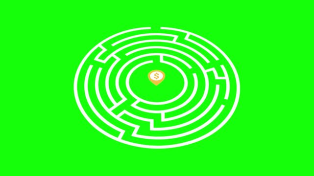 Circular maze animation, maze wall lines, concept of interconnected simple lines, green background, 4K video.