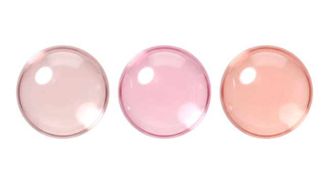 白背景に横一列に並んだ透明感のある3つの球体の3Dレンダリング素材。中央にはクリアで鮮やかなローズピンクのガラス玉が配置され、左右には淡いピンク色の球体の一部が見切れています。シンプルで洗練されたデザイン、美しい光の反射と艶やかな質感が特徴の、Webデザインや壁紙に最適なグラフィック
