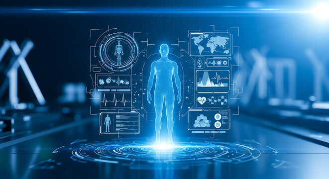 Glowing blue human hologram with medical data and futuristic interface body