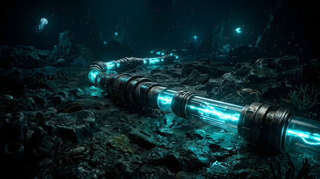 Submarine fiber optic communication cable resting on the deep ocean floor