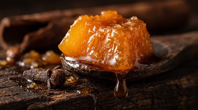 Commercial macro food photography of traditional sweet pumpkin compote with cloves served in a rustic clay bowl &ndash; premium artisanal dessert branding, regional culinary marketing, and autumn recipe cam