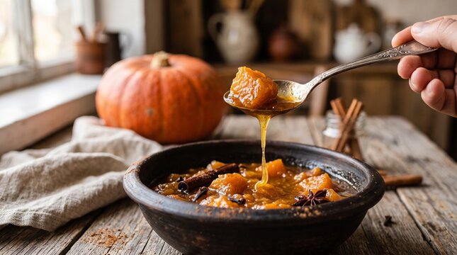 Commercial macro food photography of traditional sweet pumpkin compote with cloves served in a rustic clay bowl &ndash; premium artisanal dessert branding, regional culinary marketing, and autumn recipe cam