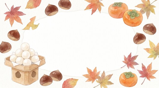 Watercolor tsukimi autumn flat lay with dango chestnuts persimmons and leaves on white with copy space