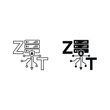 Abstract black and white logo design with geometric shapes and binary code elements
