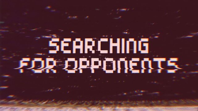 Searching for Opponents Glitch Text Animation on Black Background. Perfect for multiplayer gaming, esports, matchmaking screens, streaming overlays, and digital interfaces.