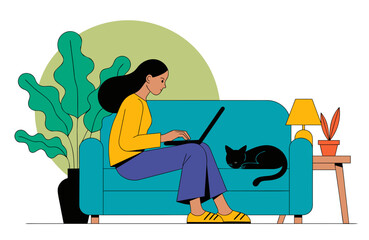 Obraz premium A simple, colorful illustration shows a woman sitting on a teal sofa using a laptop, with a black cat resting beside her. There are large green plants behind the sofa and a small table with a lamp.