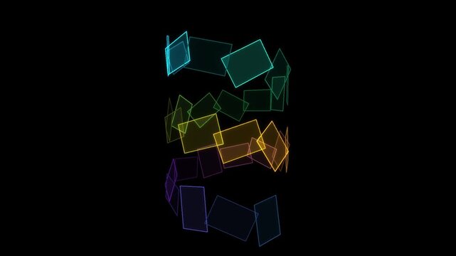 Glowing neon rectangle frames rotate in a continuous spiral motion creating a mesmerizing and colorful digital animation for modern visual displays.
