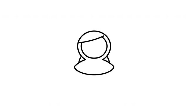 Minimalist outline animation of a generic female woman with mid length hair profile avatar icon drawing on and fading out. Features a clean pop up style in 3 color setups.
