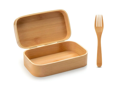 Open brown cardboard lunch box with a wooden fork isolated on white background