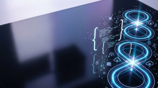 Futuristic data stream processing interface with holographic loops and parsing brackets on obsidian glass background