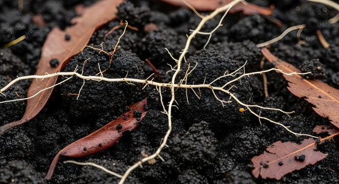 Intricate plant roots and dark soil with fallen autumn leaves macro view