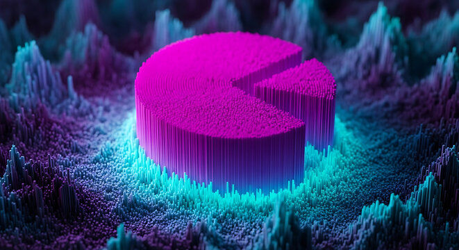 3D data visualization showing a segmented circular graph on a glowing neon landscape with visualization business statistics abstract technology analytics analysis futuristic information