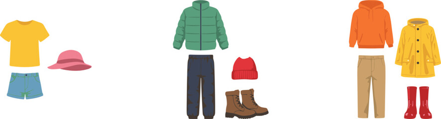 Seasonal Kids Clothing and Outerwear Vector Set Featuring Summer Shorts Winter Puffer Jacket and Autumn Raincoat Outfits for Fashion Illustrations © Rownok