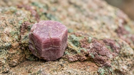 Fototapeta premium Close up of a rough pink corundum crystal on a textured rock. Raw natural ruby mineral specimen in geological setting