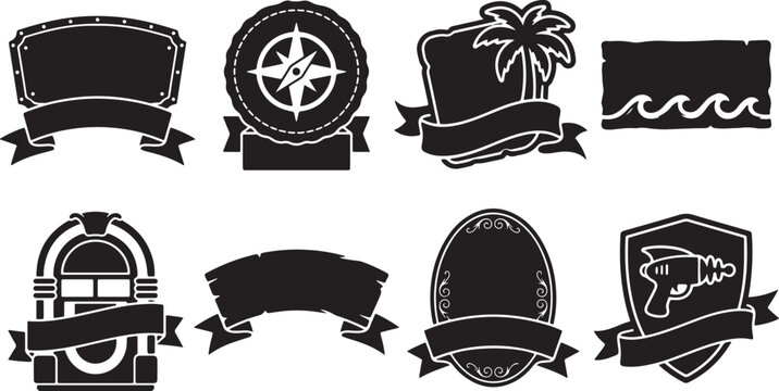 Set of black vintage style badges and labels with ribbons for logos and graphic design