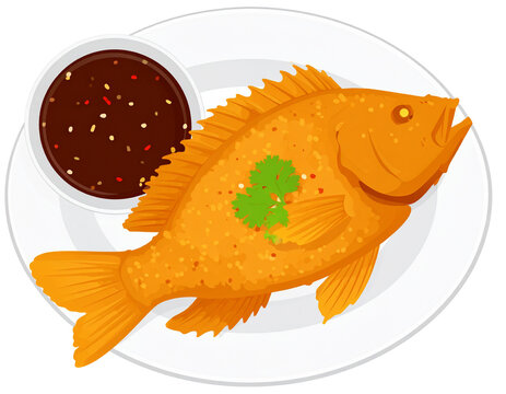Thai fried snapper with fish sauce illustration. Asian deep-fried sea bass Isolated on transparent or white background