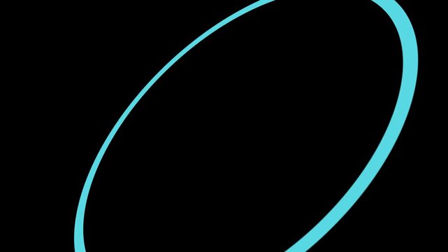 Glowing cyan neon oval shape rotates through a dark space creating a smooth digital motion effect for modern graphic design projects.
