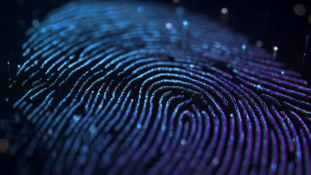 Close-up of glowing blue and purple digital fingerprint texture, ideal for cybersecurity, identity verification and technology concepts