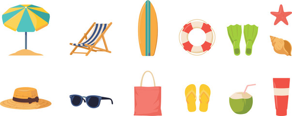 Summer Beach Vacation Vector Element Set with Umbrella Deck Chair Surfboard Sunscreen Straw Hat Sunglasses and Tropical Icons for Travel Graphic Designs © Ismail