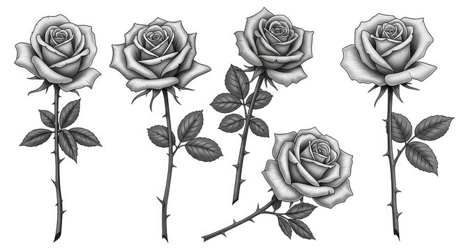 A detailed collection of five grayscale rose tattoo designs featuring elegant petals and stems isolated on a clean white background for art, bloom, motif, stems