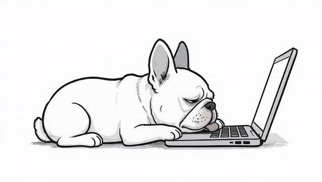 Exhausted French Bulldog sleeping on laptop keyboard, humorous illustration, ideal for online work, business fatigue and pet lifestyle content