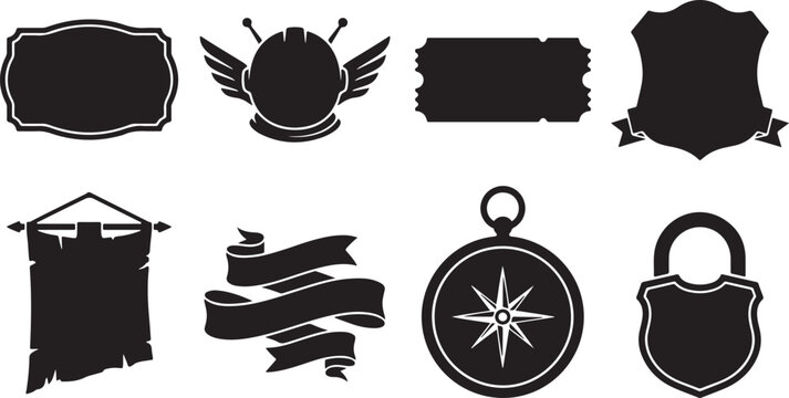 Set of black vintage frames badges shields banners and nautical compass icon silhouettes