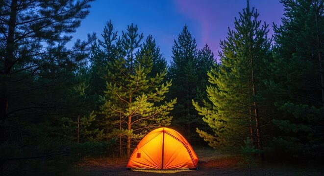 A glowing orange camping tent sits nestled among tall pine trees in a dense green forest at twilight, offering a cozy wilderness retreat, eco-friendly, leisure, rural
