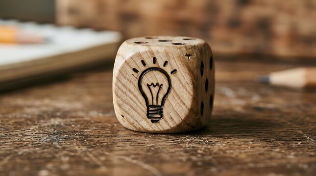 Wooden dice with a light bulb icon on a desk isolated on white background