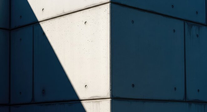 A sharp geometric concrete wall features deep angled shadows and clean lines under bright sunlight, highlighting raw industrial texture, geometric, depth, facade