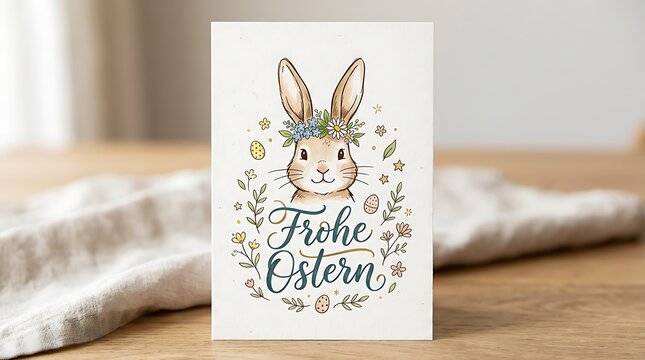 Cute easter bunny drawing with flowers and german text isolated on white background