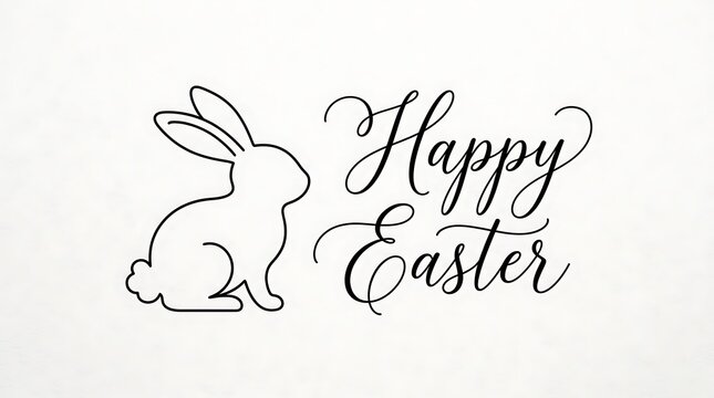 Happy easter greeting with a cute rabbit line art drawing isolated on white background