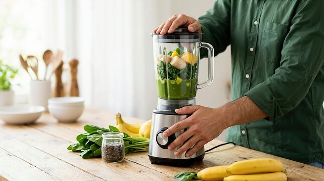 Hands blending a green smoothie on a rustic wooden table. Man preparing a healthy drink with fresh spinach and bananas in a kitchen. Healthy lifestyle and nutrition concept