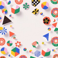 Obraz premium 中央のコピースペースを囲むカラフルな立体図形、幾何学パターンの俯瞰ビジュアル