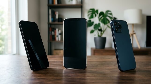 Three black smartphones standing on a table in a home room isolated on white background