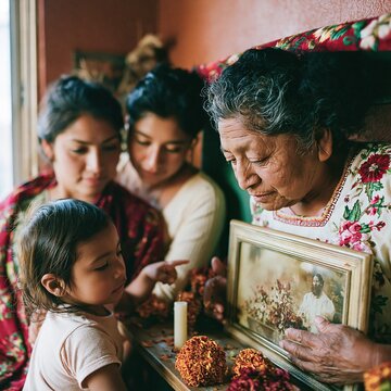 Senior woman showing a vintage to her family at home for heritage storytelling, genealogy research and cultural education campaigns with copy space